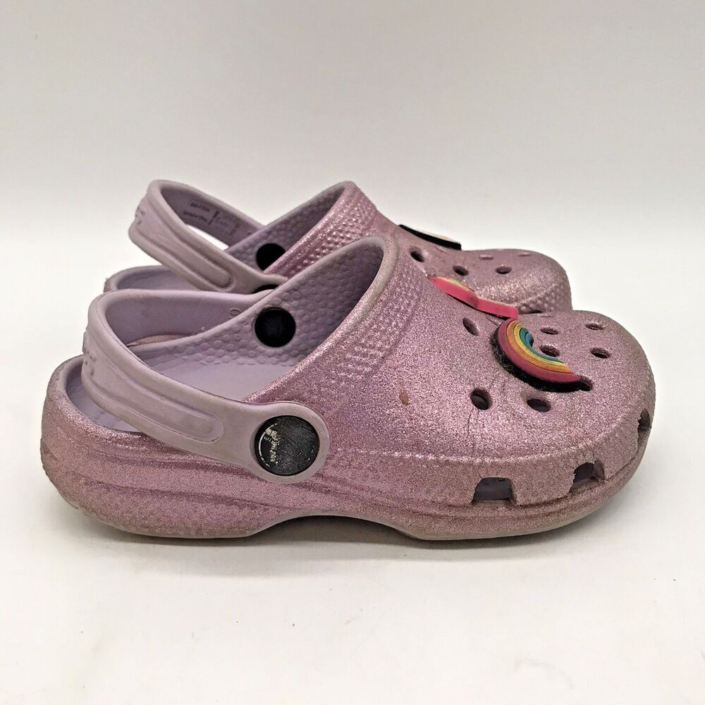 Crocs Iconic Comfort Pink Glitter Clogs Girl's C 10 Waterproof Sandals Jibbitz